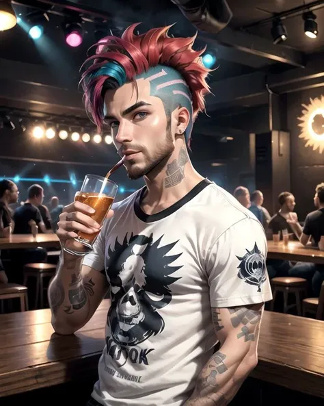 a man, short hair degrade pink, short beard, has orange eyes, is in a bar, he is throwing knives, realistic drawing style