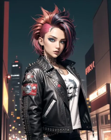 original-art, lineart, FreakShow, female, jacket, spiked hair, make up, night club, intricate-setting, dynamic lighting, fine-details, flat-colors, hatched-texture, (comic style:1.2), detailed face, (detailed eyes:1.1), masterpiece, clear, in-focus, clean lines, (clear in focus eyes:1.1), looking at viewer, <lora:FreakShowPunkV2:0.8>