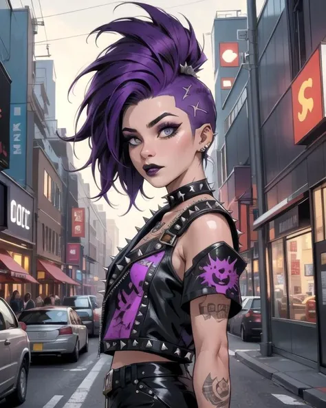 original-art, lineart, female, girl, feminine, woman, FreakShow, dark-purple accents clothing, tall spiked hair, Mohawk, black lips, makeup, piercings, city streets, intricate-setting, dynamic lighting, fine-details, flat-colors, hatched-texture, (comic style:1.2), detailed face, (detailed eyes:1.1), masterpiece, clear, in-focus, clean lines, (clear in focus eyes:1.1), looking at viewer,  <lora:FreakShowPunkV2:1>