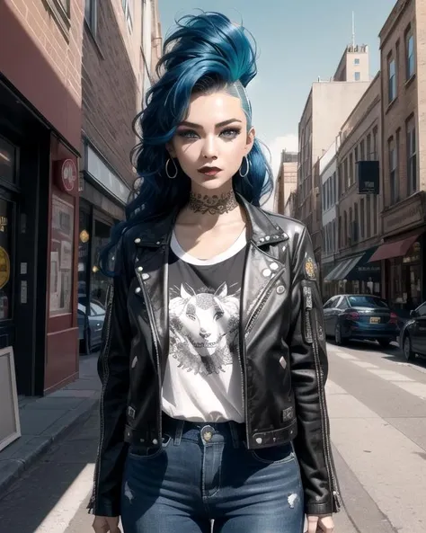 original-art, lineart, FreakShow, female, jacket, long hair, make up, black lips, city streets, intricate-setting, dynamic lighting, fine-details, flat-colors, hatched-texture, (comic style:1.2), detailed face, (detailed eyes:1.1), masterpiece, clear, in-focus, clean lines, (clear in focus eyes:1.1), looking at viewer, <lora:FreakShowPunkV2:0.8>
