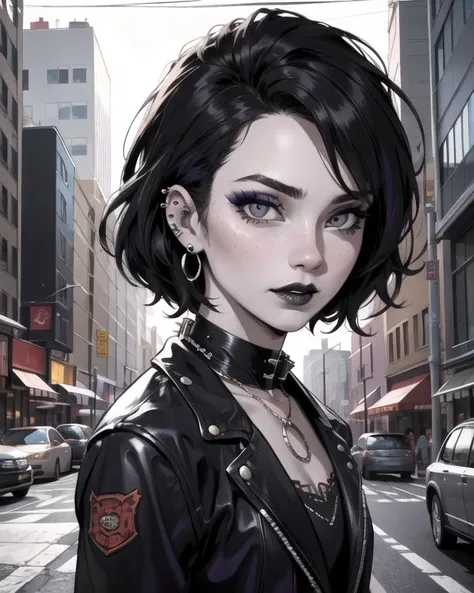 original-art, lineart, female, girl, feminine, woman, FreakShow, dark-purple accents clothing, black lips, makeup, piercings, city streets, intricate-setting, dynamic lighting, fine-details, flat-colors, hatched-texture, (comic style:1.2), detailed face, (detailed eyes:1.1), masterpiece, clear, in-focus, clean lines, (clear in focus eyes:1.1), looking at viewer, <lora:FreakShowPunkV2:0.8>