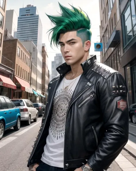 original-art, lineart, FreakShow, male, man, spiked hair, green hair, muscular, city streets, leaning against a car, intricate-setting, dynamic lighting, fine-details, flat-colors, hatched-texture, (comic style:1.2), detailed face, (detailed eyes:1.1), masterpiece, clear, in-focus, clean lines, (clear in focus eyes:1.1), looking at viewer, <lora:FreakShowPunkV2:0.9>
