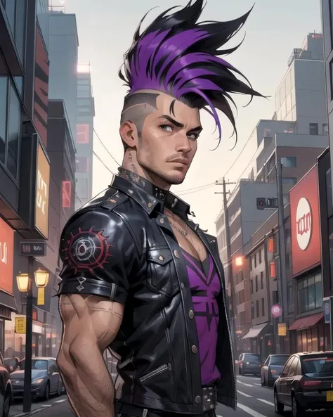 original-art, lineart, man, masculine, boy, FreakShow, torn clothing, tall spiked Mohawk, shirt, dark purple accents clothing, cybernetic eyes, cybernetic neck, stubble, muscular, city street, intricate-setting, dynamic lighting, fine-details, flat-colors, hatched-texture, (comic style:1.1), detailed face, (detailed eyes:1.1), masterpiece, clear, in-focus, clean lines, (clear in focus eyes:1.1), looking at viewer, <lora:FreakShowPunkV2:0.8>