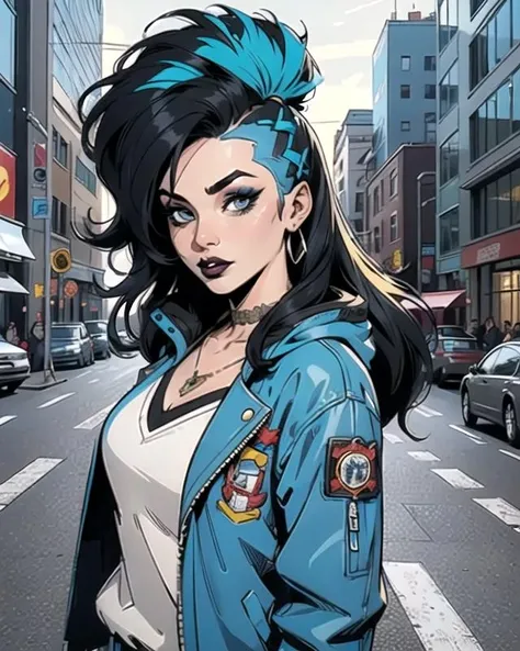 original-art, lineart, FreakShow, female, jacket, long hair, make up, black lips, city streets, intricate-setting, dynamic lighting, fine-details, flat-colors, hatched-texture, (comic style:1.2), detailed face, (detailed eyes:1.1), masterpiece, clear, in-focus, clean lines, (clear in focus eyes:1.1), looking at viewer, <lora:FreakShowPunkV2:0.8>