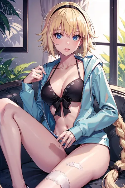 masterpiece, good quality, 
1girl, solo,
<lora:JeanneArcher1st:1> JeanneArcher1st, single braid, medium hair braid, 
blonde hair, black bikini, blue jacket, open clothes, hood, front-tie top, front-tie bikini top, hair scrunchie, single thigh strap,