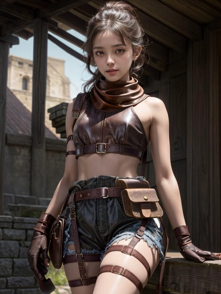 Asian-Less, (masterpiece, best quality:1.2), high detail, intricate detail, photorealistic, 8k, sharp focus, beautiful lighting, Cinematic film still, cowboy shot, (full shot:1), (full body:1), RAW photo, 1girl, gorgeous 18 years old, AS-YoungV2, middle eastern girl, brown hair, twin tails, perfect sparkling brown eyes, petite, slim body, skinny, small breast, finely detailed features, happy and smiling look, looking at camera, detailed skin texture, (blush:0.5), (goosebumps:0.5), subsurface scattering, rogue, harness, with tons of (belt pouches:1.3), (brown leather short:1.4), brown leather crop top, suspenders, tanned leather gloves, scarf, midriff, empty medieval market town, daylight, fcDetailPortrait, <lora:hipoly_3dcg_v7-epoch:0.2> <lora:more_details:0.3> <lora:more_details:0.3> <lora:knight_v4.1SD:1>