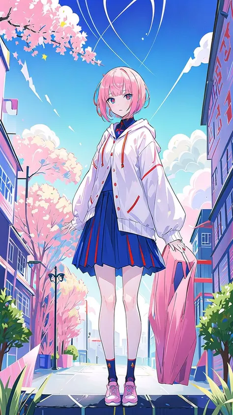 masterpiece, best quality,kafcevioailora, 1girl,virtual youtuber, solo,pink hair, full body, hood,(short hair:), jacket, skirt, shoes, looking at viewer, yellow pupils, socks, standing,long sleeves, slim bangs, blue socks, red eyes, blue eyes, hooded jacket,<lora:KafCevioV6.0:0.7>, blue sky, clouds, stars