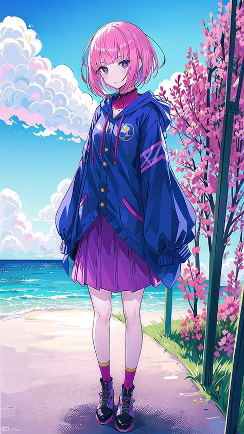 masterpiece, best quality,kafcevioailora, 1girl,virtual youtuber, solo,pink hair, full body, hood,(short hair:), jacket, skirt, shoes, looking at viewer, yellow pupils, socks, standing,long sleeves, slim bangs, blue socks, red eyes, blue eyes, hooded jacket,<lora:KafCevioV6.0:0.7>, beach background