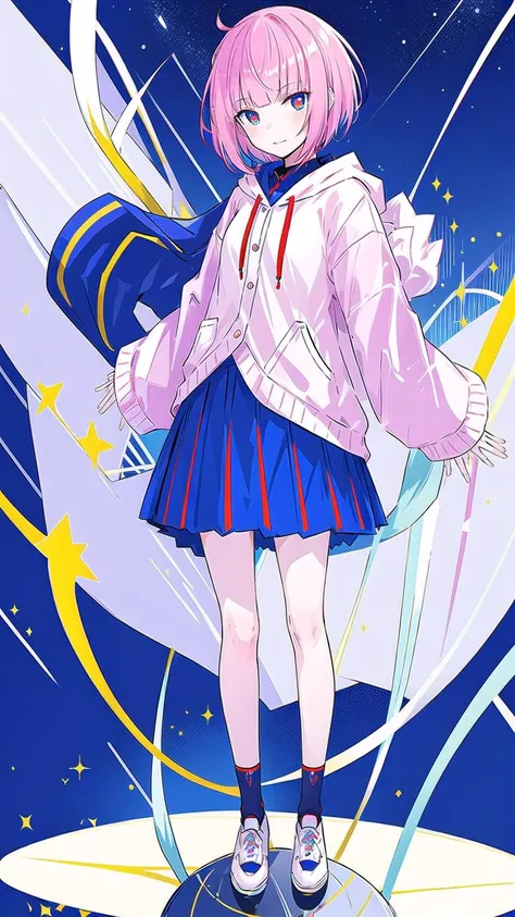 masterpiece, best quality,kafcevioailora, 1girl, night sky, stars, night,virtual youtuber, solo,pink hair, full body, hood,short hair, jacket, skirt, shoes, looking at viewer, yellow pupils, socks, standing,long sleeves, slim bangs, blue socks, red eyes, blue eyes, hooded jacket,<lora:KafCevioV6.0:0.7>,