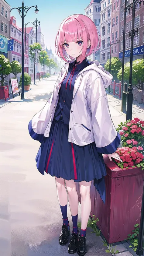 masterpiece, best quality,kafcevioailora, 1girl, adult woman, night sky, stars, night,virtual youtuber, solo,pink hair, full body, hood,short hair, jacket, skirt, shoes, looking at viewer, yellow pupils, socks, standing,long sleeves, slim bangs, blue socks, red eyes, blue eyes, hooded jacket,<lora:KafCevioV6.0:0.7>,