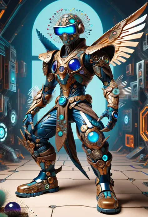 hyper detailed masterpiece, dynamic, awesome quality,DonMN33dl3P1ll0wXL male cyber ninja, gene-spliced hybrids, beings resulting from genetic manipulation, exhibiting a mix of species traits, elderly chiseled, middle easterner, deep blue eyes,  crooked nose,   sunken cheeks,   chiseled chest,  , brown curly undercut hair, joy, power pose, character stands with legs apart, fists clenched, and head held high, projecting strength, cybernetic robotic wings wearing virtual reality holo-leather adaptive chameleon camo pants, vaporwave print    virtual reality titanium weave    two-toned holo-silk pullover, ar-enabled work boots,  ,reactive quick-release straps , collecting moonlight in a crystal, capturing its mystical essence, futuristic interiors, gathering clues from the virtual data web and encrypted files, steampunk-cyberpunk fusion   <lora:DonMN33dl3P1ll0wXL:1>