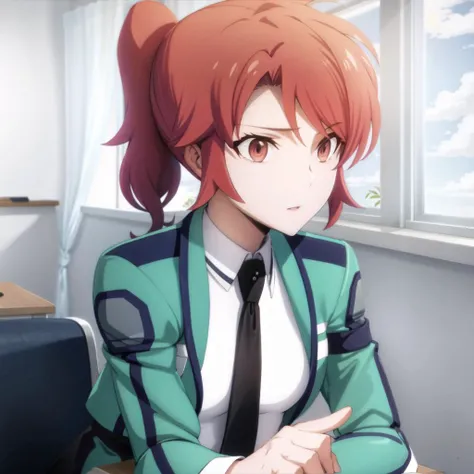 <lora:lambda:0.4>, best quality, ultra fine, BREAK,  <lora:erika-mahouka:0.9> , erika chiba, school uniform necktie, ponytail, classroom, sitting on desk,