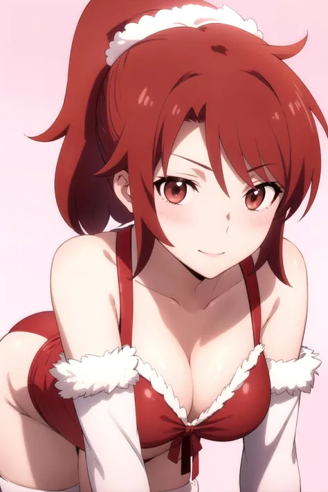 1girl, solo, masterpiece, best quality,
<lora:erika-mahouka:0.8>,
santa costume, santa hat, fur trim, fur-trimmed headwear, detached sleeves, mahouka koukou no rettousei, chiba erika, erika chiba, red eyes, tsurime, red hair, short hair, messy hair, ponytail, short ponytail, santa bikini, red bikini, fur collar, fur-trimmed bikini, bare shoulders, cleavage, medium breasts, red thighhighs, hanging breasts,
all fours, looking at viewer, breasts,
blush, seductive smile,
simple background, pink background