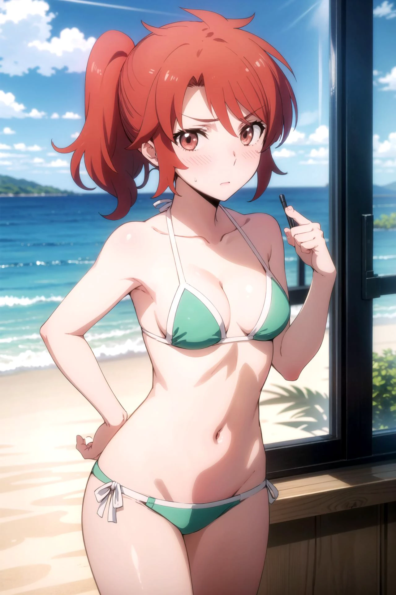 1girl, solo, masterpiece, best quality,
<lora:erika-mahouka:0.8>,
mahouka koukou no rettousei, chiba erika, erika chiba, red eyes, tsurime, red hair, short hair, messy hair, ponytail, short ponytail, bikini, skindentation, collarbone, bare arms, cleavage, (green bikini:1.2), medium breasts, navel, thigh gap, bare legs,
reaching towards viewer,
cowboy shot, looking at viewer,
blush, nose blush, confused, ?,
outdoors, ocean
