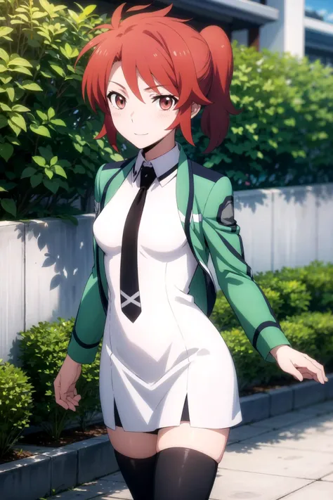 1girl, solo, masterpiece, best quality,
      <lora:erika-mahouka:0.8>,
        mahouka koukou no rettousei, chiba erika, erika chiba, red eyes, tsurime, red hair, short hair, messy hair, ponytail, short ponytail, first high school uniform, dress, white dress, collared dress, pencil dress, necktie, black necktie, short necktie, jacket, green jacket, cropped jacket, open jacket, long sleeves, medium breasts, thighhighs, black thighhighs,
        ,
        cowboy shot, looking at viewer,
        blush, seductive smile,
        outdoors, garden