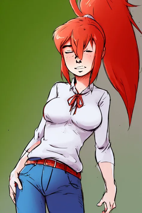 (masterpiece, best quality:1.2), <lyco:WhiteKorra10e8repsLoHa:0.7>, <lora:Yaranaika:1>, upper body, solo, 1girl, erin stout, YaranaikaFace, ponytail, blue sweater vest