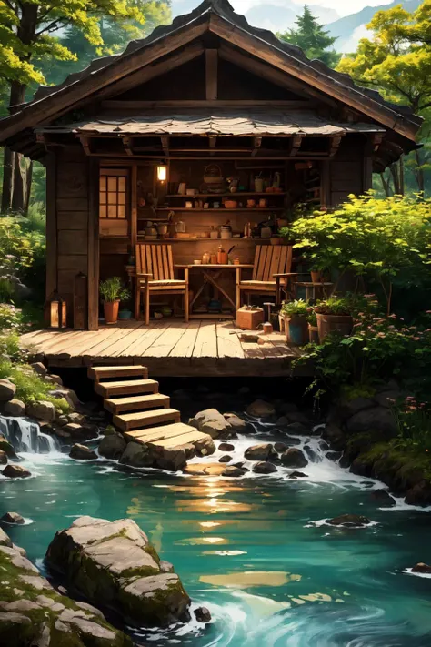 8k ,masterpiece,illustrate art,hyper sharpness,high detailed,cgi, anime style,
<lora:AestheticScene:0.8>, 4esthet1c, peaceful hut on the side of a river,
