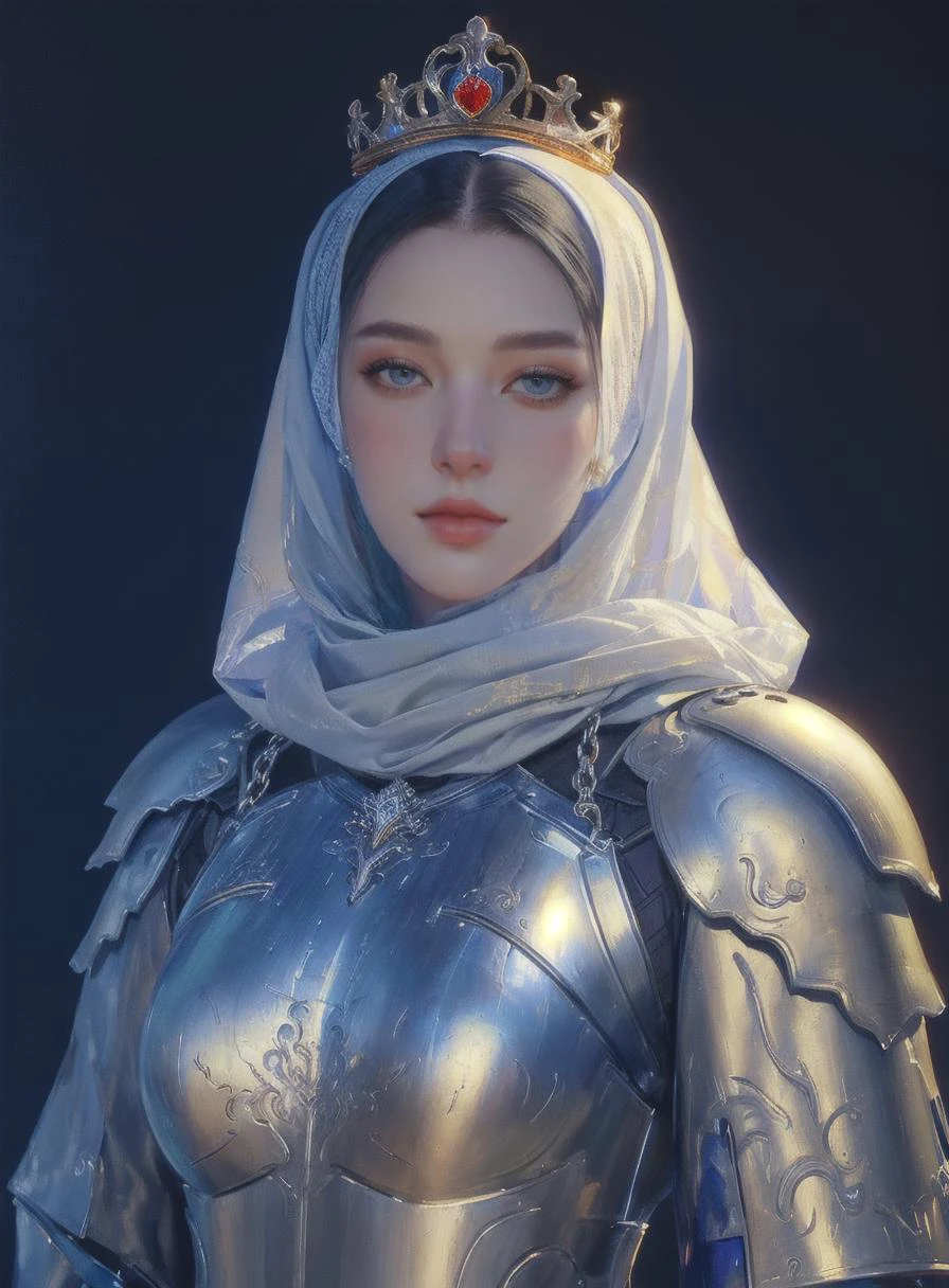 gorgeous elegant woman, knight, pale skin, black hair, (hijan, headscarf:1.1), crown, royal body armor, chainmail, daydreaming, emotional, evocative, dark background, caucasian <lora:20240218-1708234260649:0.45> <lora:oil_painting:0.5> oil_painting