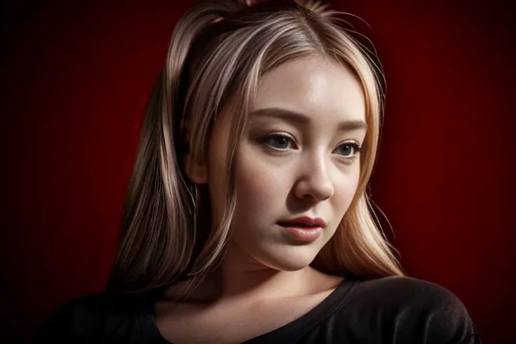portrait of DEN_beth_lily wearing a plain top, Red lighting from left, ((headshot)), clothes, dressed, plain top, top, shirt, t-shirt, face focus, black background, shadows, dramatic,
photorealistic, high detail, detailed, beautiful, <lora:epi_noiseoffset2:1> <lora:add_detail:1>