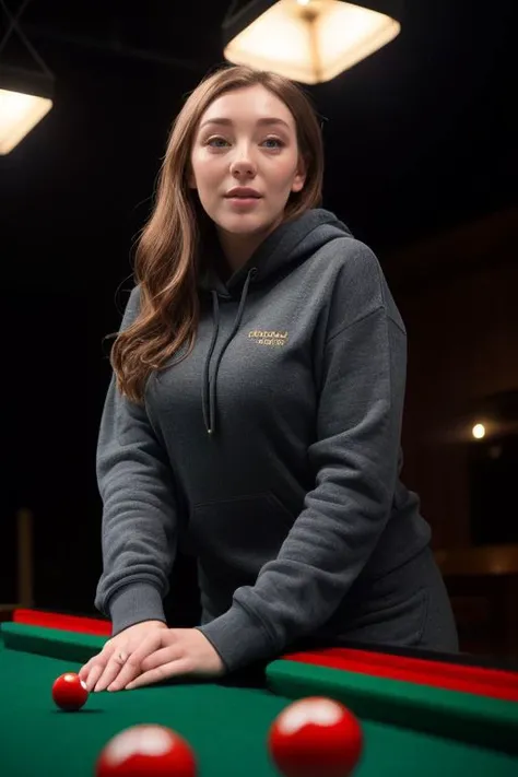 DEN_beth_lily,
playing snooker in a dark atmospheric pool hall wearing casual clothing and a hoodie, atmospheric, snooker, cue, playing snooker, leaning over the table,
bokeh, f1.4, 40mm, photorealistic, raw, 8k, textured skin, skin pores, intricate details <lora:epi_noiseoffset2:1>, epiCRealism
<lora:ClothingAdjuster3:-0.8>