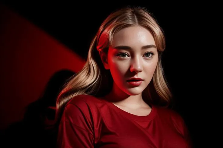 portrait of DEN_beth_lily wearing a plain top, Red lighting from left, ((headshot)), clothes, dressed, plain top, top, shirt, t-shirt, face focus, black background, shadows, dramatic,
photorealistic, high detail, detailed, beautiful, <lora:epi_noiseoffset2:1> <lora:add_detail:1>