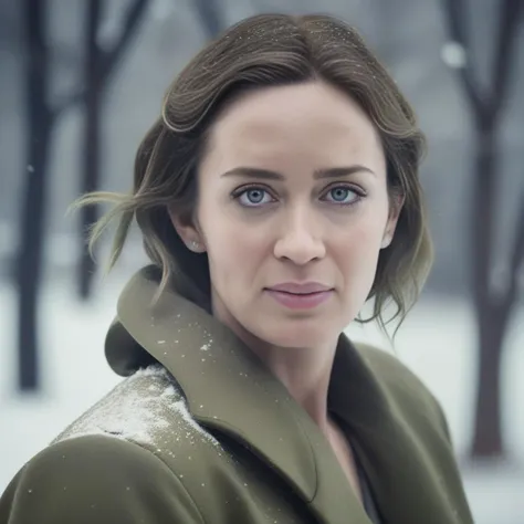EmilyBlunt, photograph, Libertywave, masterpiece, Arcane Metallic muscular Female, Photography, Bald Breathtaking hair, Snowy, deep focus, Fine art, film grain, film camera, Depth of field 270mm, Olive color grading, <lora:EmilyBluntSDXL:1>