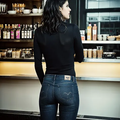 raw photo about a ohwx woman in a cafe. Very dark goth makeup. Wearing jeans and a sweater. Daytime, sunshine. Matte skin, pores, colors, hyperdetailed, hyperrealistic. Natural, realistic, photograph (ohwx woman body:1), <lora:daddario_300:1>, from behind