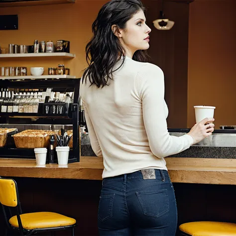 raw photo about a ohwx woman in a cafe. Very dark goth makeup. Wearing jeans and a sweater. Daytime, sunshine. Matte skin, pores, colors, hyperdetailed, hyperrealistic. Natural, realistic, photograph (ohwx woman body:1), <lora:daddario_300:1>, from behind