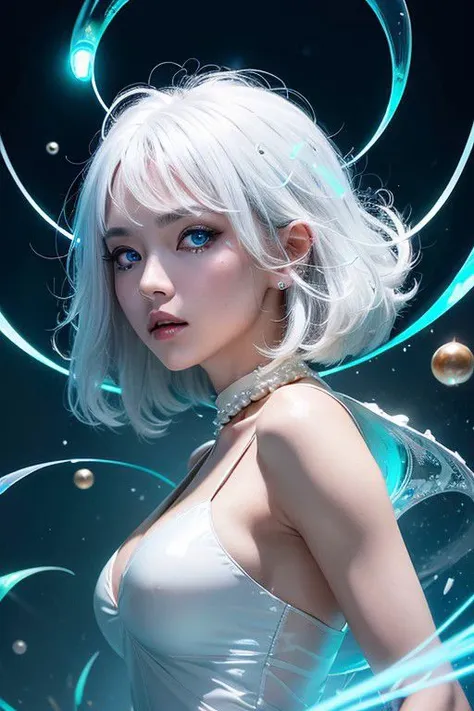 ((upper body)), best quality, masterpiece, a Japanese woman with ((Luminescence white hair)), ((detailed pearl blue eye)), high detailed goddess soul, focus on character, solo, (style swirl magic), solo, from front, front view, looking at viewer, detailed face, ((Luminescence Lighting Magic Circle theme)), perched on a ledge, tight neon body, light streaks, dark abyssal wanderer abstract, ((Simple Luminescence Neon Gown)), inscribed with mystical runes, outdoor dystopian background,