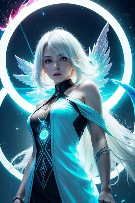 ((upper body)), best quality, masterpiece, a Japanese woman with ((Luminescence white hair)), ((detailed pearl blue eye)), high detailed goddess soul, focus on character, solo, (style swirl magic), solo, from front, front view, looking at viewer, detailed face, ((Luminescence Lighting Magic Circle theme)), perched on a ledge, tight neon body, light streaks, dark abyssal wanderer abstract, ((Simple Luminescence Neon Gown)), inscribed with mystical runes, outdoor dystopian background,