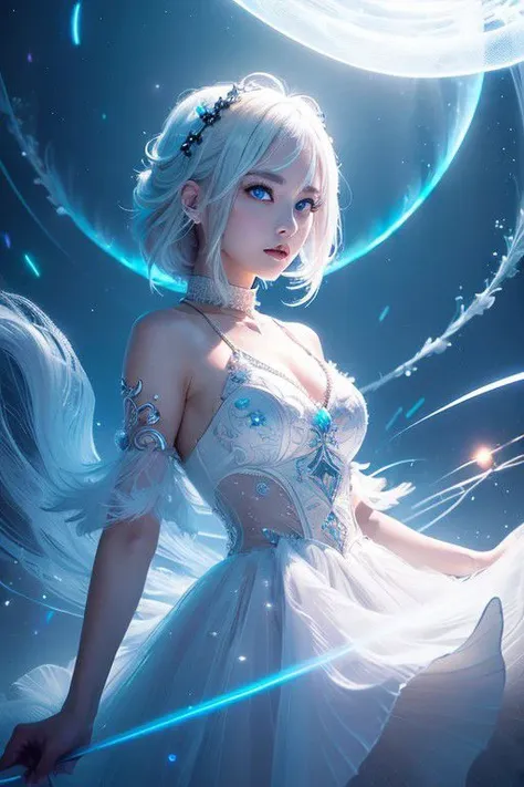 ((upper body)), best quality, masterpiece, a Japanese woman with ((Luminescence white hair)), ((detailed pearl blue eye)), high detailed goddess soul, focus on character, solo, (style swirl magic), solo, from front, front view, looking at viewer, detailed face, ((Luminescence Lighting Magic Circle theme)), perched on a ledge, tight neon body, light streaks, dark abyssal wanderer abstract, ((Simple Luminescence Neon Gown)), inscribed with mystical runes, outdoor dystopian background,