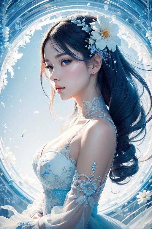 a stunning art, abstract, flowery, predominantly blue, white, upper body, centered, key visual, intricate, highly detailed, breathtaking beauty, precise line art, vibrant, comprehensive, cinematic,