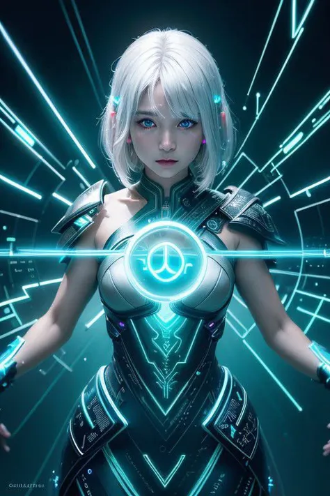 ((upper body)), best quality, masterpiece, a Japanese woman with ((Luminescence white hair)), ((detailed pearl blue eye)), high detailed goddess soul, focus on character, solo, (style swirl magic), solo, from front, front view, looking at viewer, detailed face, ((Luminescence Lighting Magic Circle theme)), perched on a ledge, tight neon body, light streaks, dark abyssal wanderer abstract, ((Simple Luminescence Neon Gown)), inscribed with mystical runes, outdoor dystopian background,