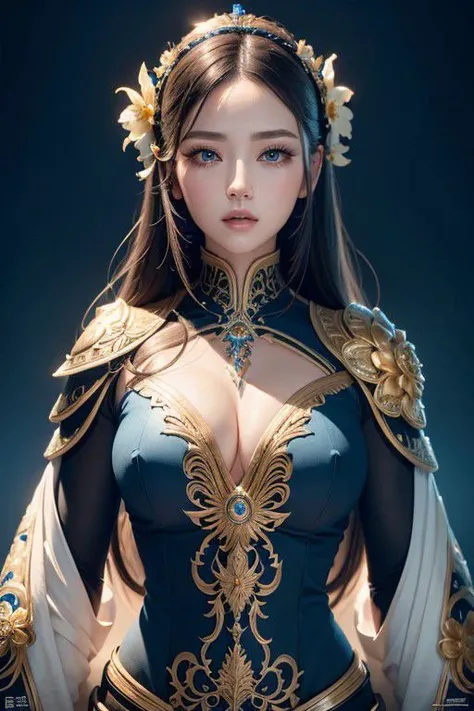 a stunning art, abstract, flowery, predominantly blue, white, upper body, centered, key visual, intricate, highly detailed, breathtaking beauty, precise line art, vibrant, comprehensive, cinematic,