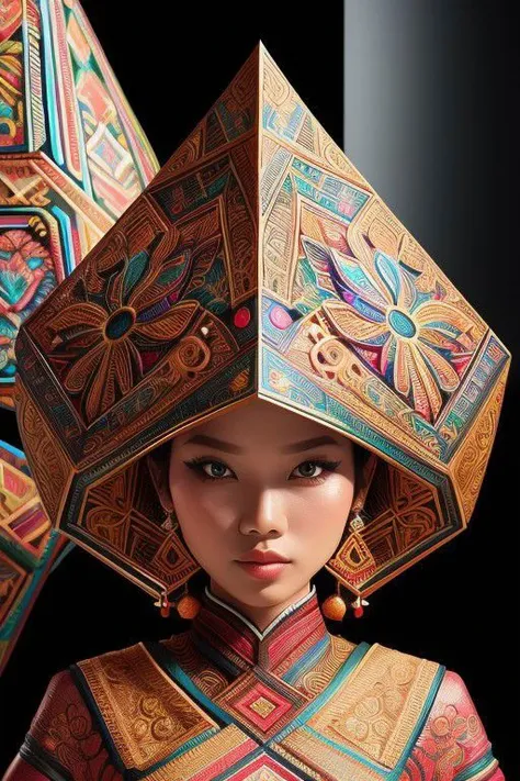 An Indonesian-styled futuristic suit worn by a girl depicting cultural fusion and modern fashion. The suit is adorned with intricate patterns and vibrant colors, showcasing the rich heritage of Indonesia. The girl stands confidently in a dynamic pose, with her detailed eyes reflecting determination and curiosity. The suit's material is a combination of traditional textiles and futuristic synthetic fabrics, giving it a unique and avant-garde appearance. The overall image quality is of the highest standard, with sharp focus and ultra-detailed rendering. The artwork employs physically-based rendering techniques, resulting in realistic lighting and shadows. The colors are vivid and vibrant, capturing the essence of Indonesian cultural aesthetics. The background features a fusion of modern architecture and traditional elements, creating a harmonious blend of the past and the future. The prompt explores the intersection of Indonesian culture, futuristic design, and the artistic representation of a confident girl.
