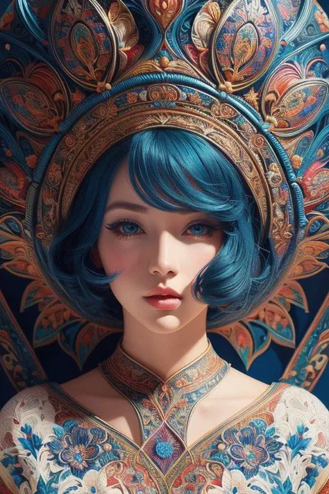 a stunning art, abstract, flowery, predominantly blue, white, upper body, centered, key visual, intricate, highly detailed, breathtaking beauty, precise line art, vibrant, comprehensive, cinematic,