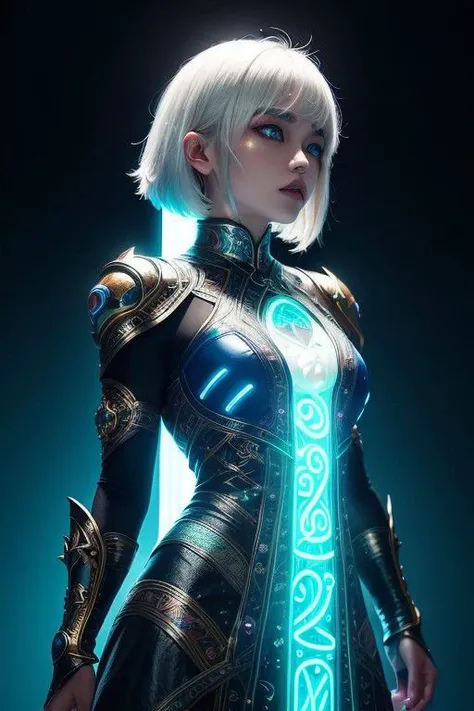 ((upper body)), best quality, masterpiece, a Japanese woman with ((Luminescence white hair)), ((detailed pearl blue eye)), high detailed goddess soul, focus on character, solo, (style swirl magic), solo, from front, front view, looking at viewer, detailed face, ((Luminescence Lighting Magic Circle theme)), perched on a ledge, tight neon body, light streaks, dark abyssal wanderer abstract, ((Simple Luminescence Neon Gown)), inscribed with mystical runes, outdoor dystopian background,