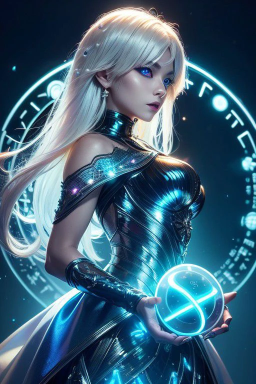 ((upper body)), best quality, masterpiece, a Japanese woman with ((Luminescence white hair)), ((detailed pearl blue eye)), high detailed goddess soul, focus on character, solo, (style swirl magic), solo, from front, front view, looking at viewer, detailed face, ((Luminescence Lighting Magic Circle theme)), perched on a ledge, tight neon body, light streaks, dark abyssal wanderer abstract, ((Simple Luminescence Neon Gown)), inscribed with mystical runes, outdoor dystopian background,