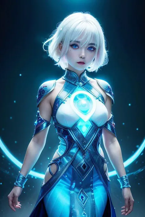 ((upper body)), best quality, masterpiece, a Japanese woman with ((Luminescence white hair)), ((detailed pearl blue eye)), high detailed goddess soul, focus on character, solo, (style swirl magic), solo, from front, front view, looking at viewer, detailed face, ((Luminescence Lighting Magic Circle theme)), perched on a ledge, tight neon body, light streaks, dark abyssal wanderer abstract, ((Simple Luminescence Neon Gown)), inscribed with mystical runes, outdoor dystopian background,