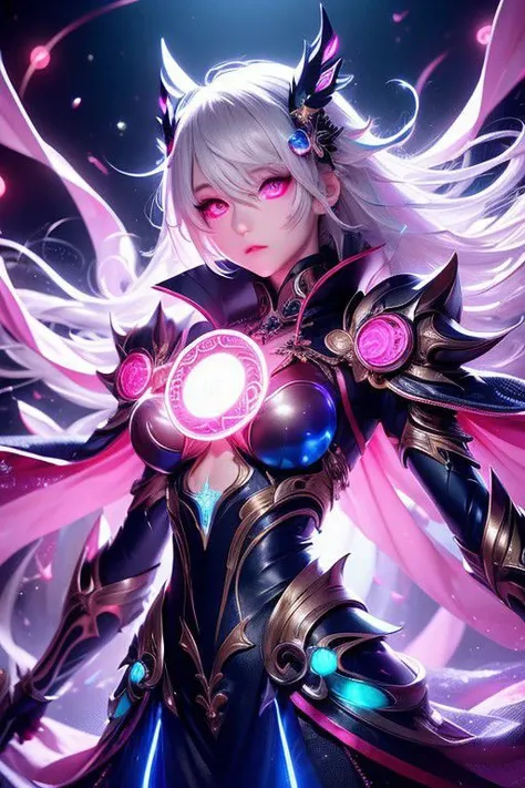 ((upper body)), best quality, masterpiece, a Japanese woman with ((Luminescence white hair)), ((detailed pearl blue eye)), high detailed goddess soul, focus on character, solo, (style swirl magic), solo, from front, front view, looking at viewer, detailed face, ((Luminescence Lighting Magic Circle theme)), perched on a ledge, tight neon body, light streaks, dark abyssal wanderer abstract, ((Simple Luminescence Neon Gown)), inscribed with mystical runes, outdoor dystopian background,