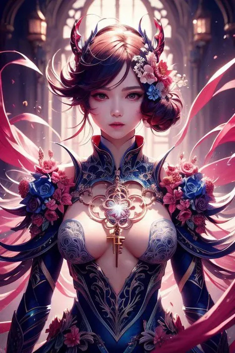 a stunning art, abstract, flowery, predominantly blue, white, upper body, centered, key visual, intricate, highly detailed, breathtaking beauty, precise line art, vibrant, comprehensive, cinematic,