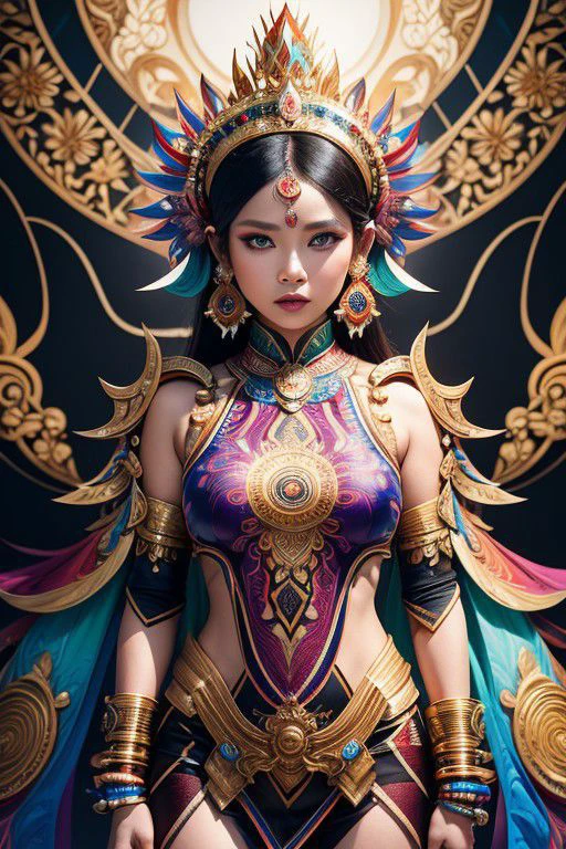An Indonesian-styled futuristic suit worn by a girl depicting cultural fusion and modern fashion. The suit is adorned with intricate patterns and vibrant colors, showcasing the rich heritage of Indonesia. The girl stands confidently in a dynamic pose, with her detailed eyes reflecting determination and curiosity. The suit's material is a combination of traditional textiles and futuristic synthetic fabrics, giving it a unique and avant-garde appearance. The overall image quality is of the highest standard, with sharp focus and ultra-detailed rendering. The artwork employs physically-based rendering techniques, resulting in realistic lighting and shadows. The colors are vivid and vibrant, capturing the essence of Indonesian cultural aesthetics. The background features a fusion of modern architecture and traditional elements, creating a harmonious blend of the past and the future. The prompt explores the intersection of Indonesian culture, futuristic design, and the artistic representation of a confident girl.