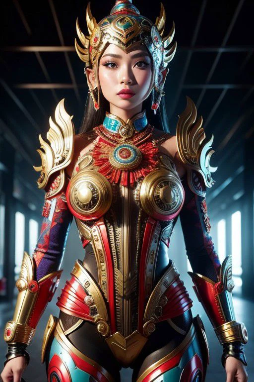 An Indonesian-styled futuristic suit worn by a girl depicting cultural fusion and modern fashion. The suit is adorned with intricate patterns and vibrant colors, showcasing the rich heritage of Indonesia. The girl stands confidently in a dynamic pose, with her detailed eyes reflecting determination and curiosity. The suit's material is a combination of traditional textiles and futuristic synthetic fabrics, giving it a unique and avant-garde appearance. The overall image quality is of the highest standard, with sharp focus and ultra-detailed rendering. The artwork employs physically-based rendering techniques, resulting in realistic lighting and shadows. The colors are vivid and vibrant, capturing the essence of Indonesian cultural aesthetics. The background features a fusion of modern architecture and traditional elements, creating a harmonious blend of the past and the future. The prompt explores the intersection of Indonesian culture, futuristic design, and the artistic representation of a confident girl.
