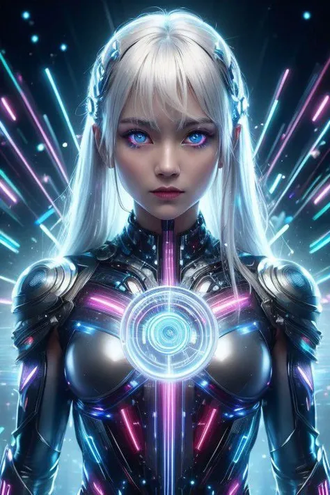 ((upper body)), best quality, masterpiece, a Japanese woman with ((Luminescence white hair)), ((detailed pearl blue eye)), high detailed goddess soul, focus on character, solo, (style swirl magic), solo, from front, front view, looking at viewer, detailed face, ((Luminescence Lighting Magic Circle theme)), perched on a ledge, tight neon body, light streaks, dark abyssal wanderer abstract, ((Simple Luminescence Neon Gown)), inscribed with mystical runes, outdoor dystopian background,