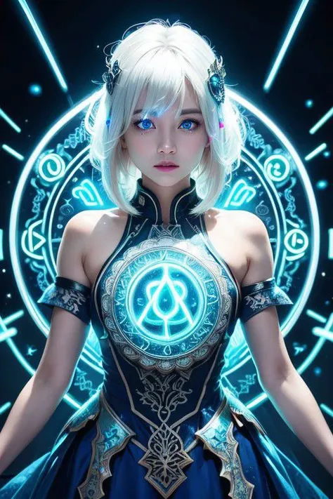 ((upper body)), best quality, masterpiece, a Japanese woman with ((Luminescence white hair)), ((detailed pearl blue eye)), high detailed goddess soul, focus on character, solo, (style swirl magic), solo, from front, front view, looking at viewer, detailed face, ((Luminescence Lighting Magic Circle theme)), perched on a ledge, tight neon body, light streaks, dark abyssal wanderer abstract, ((Simple Luminescence Neon Gown)), inscribed with mystical runes, outdoor dystopian background,