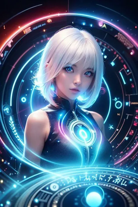 ((upper body)), best quality, masterpiece, a Japanese woman with ((Luminescence white hair)), ((detailed pearl blue eye)), high detailed goddess soul, focus on character, solo, (style swirl magic), solo, from front, front view, looking at viewer, detailed face, ((Luminescence Lighting Magic Circle theme)), perched on a ledge, tight neon body, light streaks, dark abyssal wanderer abstract, ((Simple Luminescence Neon Gown)), inscribed with mystical runes, outdoor dystopian background,