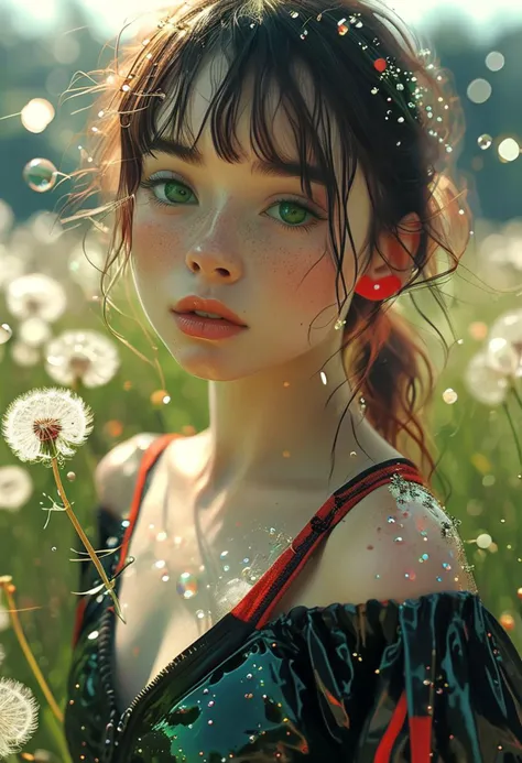 A lush magical flower garden, fluffy dandelion seeds, dust particles, glowing butterflies <lora:add-detail-xl:1> <lora:MJ52:1> 26 year old beautiful goblin woman seen from behind focus on face turning to look at viewer turned away from viewer, beautiful face, full lips, glossy lips, deep opal eyes, freckles, slim, cute snub nose, (small breasts:1.2), (moist skin:0.3), green skin freckled skin, green complexion), (black hair, red highlights, bangs, pigtails, red hair band), open zipper big cloth bomber jacket with singular stripe along length of arm ,logo on back of jacket, black bra, black latex booty shorts with red stripe along the centre, soap bubbles everywhere, (pointy ears:1.5),lizard,_COLOR_ skin,lizard face, tail, fantastic face