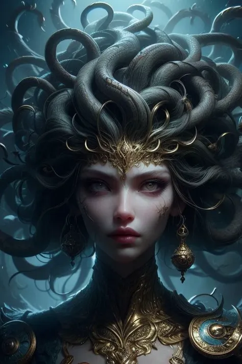 (high quality), (masterpiece), (detailed), 8K, Hyper-realistic depiction of a Japanese female character in a futuristic setting embodying the essence of Medusa, blending elements of myth and technology with captivating realism. Trending on DeviantArt.