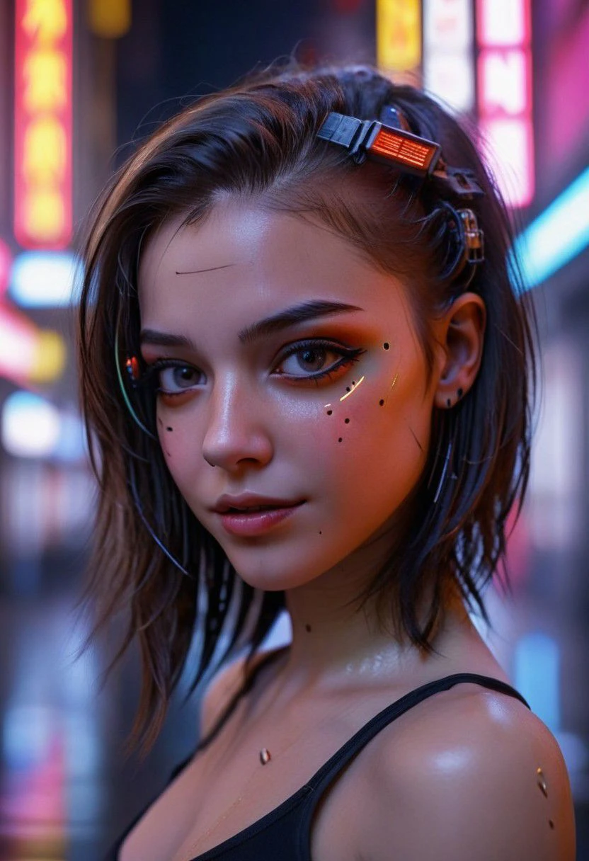 Visualize a professional, (Utopia,city:1.0), (Smile:1.0),high-resolution, mid-body portrait that brings to life the nuanced realism of a young woman with Android characteristics, amidst the distinct ambiance of a Utopia city. This photograph, captured with an advanced digital SLR camera, is renowned for its exceptional detail resolution and depth of field capabilities. Special attention is given to the woman's skin and eyes, aiming for an unparalleled level of realism that highlights the texture of her skin and the depth of her eyes, making them the focal points of the composition. The wide aperture setting ensures the subject is crisply in focus, with the city's neon-infused backdrop beautifully blurred, providing a contrast that accentuates the subject's features. The selection of the scene demands creativity and diversity, moving away from clichd representations to capture unique moments within the cyberpunk setting that are rich in detail and emotion. Advanced lighting techniques are employed to illuminate the skin and eyes vividly, showcasing the interplay of light and shadow that defines the contours and expressions. The aim is to create a portfolio of images that explore a variety of scenarios, expressions, and compositions, each telling its own story of the symbiosis between human and technology in a future world."8k,35mm, fflixdocphoto