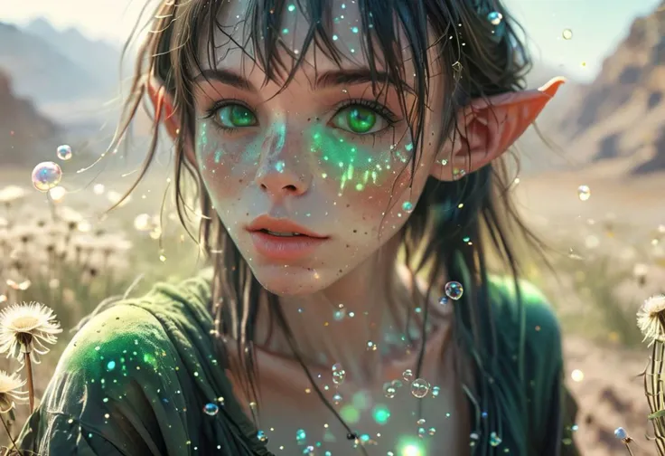 A lush magical oasis deep in a hot desert, fluffy dandelion seeds, dust particles, glowing butterflies <lora:add-detail-xl:1> <lora:MJ52:1> 26 year old beautiful goblin woman, (big long pointed ears:1.3), beautiful face, full lips, glossy lips, deep opal eyes, freckles, slim, cute snub nose, (small breasts:1.2), (moist skin:0.5), (green skin:1.2),freckled skin, green complexion, black hair with red highlights, bangs, pigtails, open big cloth bomber jacket with singular stripe along length of arm ,bra, booty shorts with stripe along the centre, soap bubbles everywhere